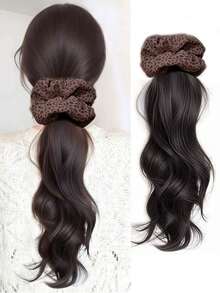 Retro Leopard Print Hair Scrunchie, Korean Style Natural Fluffy Ponytail Extension, Autumn/Winter Wavy Claw Clip Ponytail