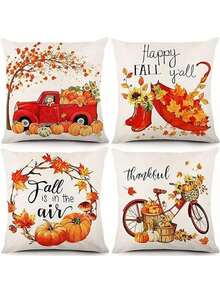 EstiloJuego De 4 Fundas De Almohada De OtoñO De 18 X 18 Pulgadas, Funda De CojíN De Lino Para Sofá, DecoracióN De OtoñO, Adecuado Para La DecoracióN Del Hogar (Estilo D)VersióN Mejorada - Tipo D - Ver 9