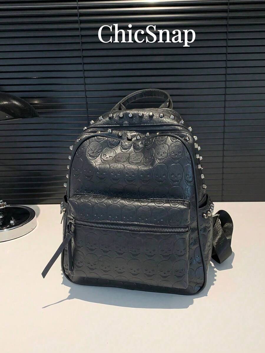 Punk Style Rivet Skulls Backpack, Large Capacity PU Leather Women's Shoulder Bag, Four Seasons New Arrival, Suitable For Students, School Backpack, Halloween Bags Perfect For Fancy Party Matching With Halloween Costumes - Black - View 1