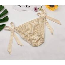 Women Silk Panties Lightweight Briefs Smooth Breathable Satin Bikini,Sexyys Tie-Side Underwear Daily Fit Comfort,Beige - 米色 - 查看 7