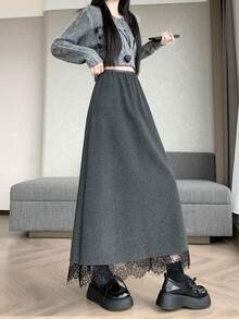2026 女士春季灰色羊毛混纺加厚高腰修身蕾丝拼接A字喇叭裙 - 灰色 - 查看 6