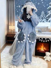 2pcs Shark Blanket Hoodie Super Soft Cozy Warm Flannel Wearable Hoodie, New Pattern Cartoon Animals Cute Funny Sleeping Bag, Soft Cozy Shark Wearable Blanket For Adults & Youngsters - Wearable Shark Blanket, Nautical Theme Sleepwear, Playful Shark Design, Plush Polyester - Multicolor - View 4