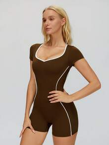 MASKERT High Stretch Women's Sports Jumpsuit, Fashionable Back, Tight Fitting Jumpsuit, Shaping Fitness Yoga Jumpsuit - Chocolate Brown - View 3
