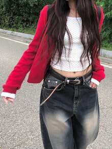 Casual Button-Up Knit Cardigan, Korean Style - Red - View 1