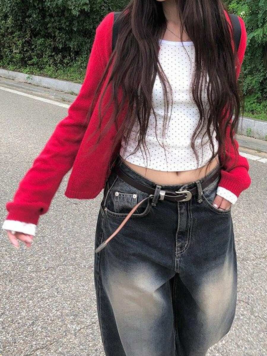 Casual Button-Up Knit Cardigan, Korean Style - Red - View 1