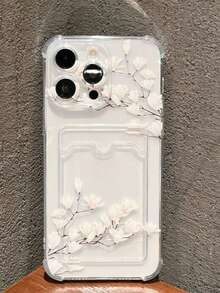 Painted Magnolia Flower Transparent Card Holder Silicone Soft Summer Full Coverage Protective Case Compatible With IPhone XR 11 12 13 14 15 Plus 16 Pro Max 17 Air Series - Multicolor - View 2