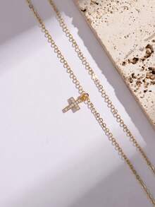 Nooxian 2pcs/Set Cross Element Anklets, Classic Double-Layer Cross Anklet Set For Daily, Beach, Vacation - Yellow Gold - View 4