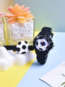 2件套 2026 男童足球石英表，柔软硅胶表带运动腕表，硅胶足球手环 - 黑色 - 查看 8