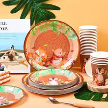 树桩动物造型一次性餐具套装，7/9英寸派对餐盘，一次性纸盘和纸杯，适用于节日、婚礼、订婚、生日、派对、庆典礼物及婚礼派对用品 - 彩色 - 查看 4