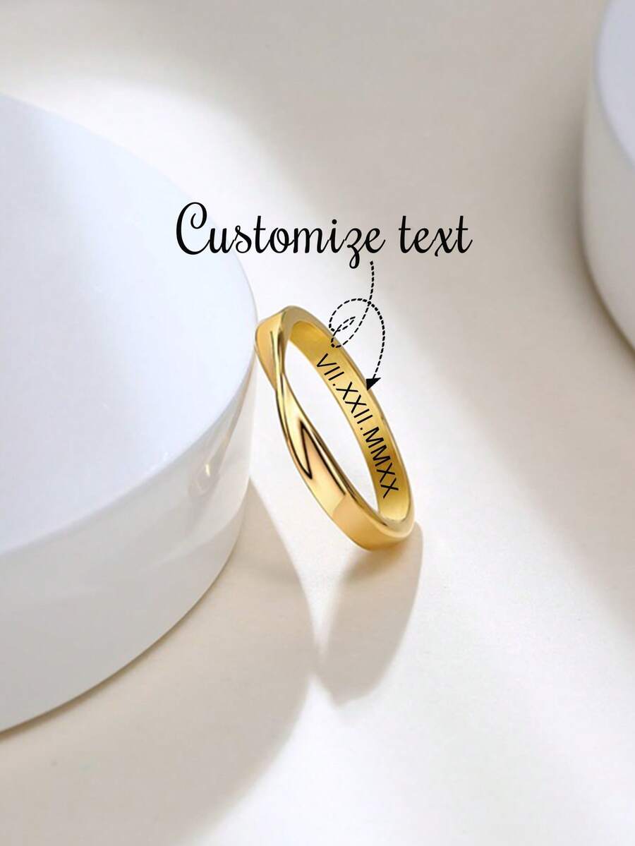 1pc Personalized Stainless Steel Mobius 18K Gold Plated Minimalist Name & Date Engraved Ring, Suitable For Women And Men - Gold - View 1