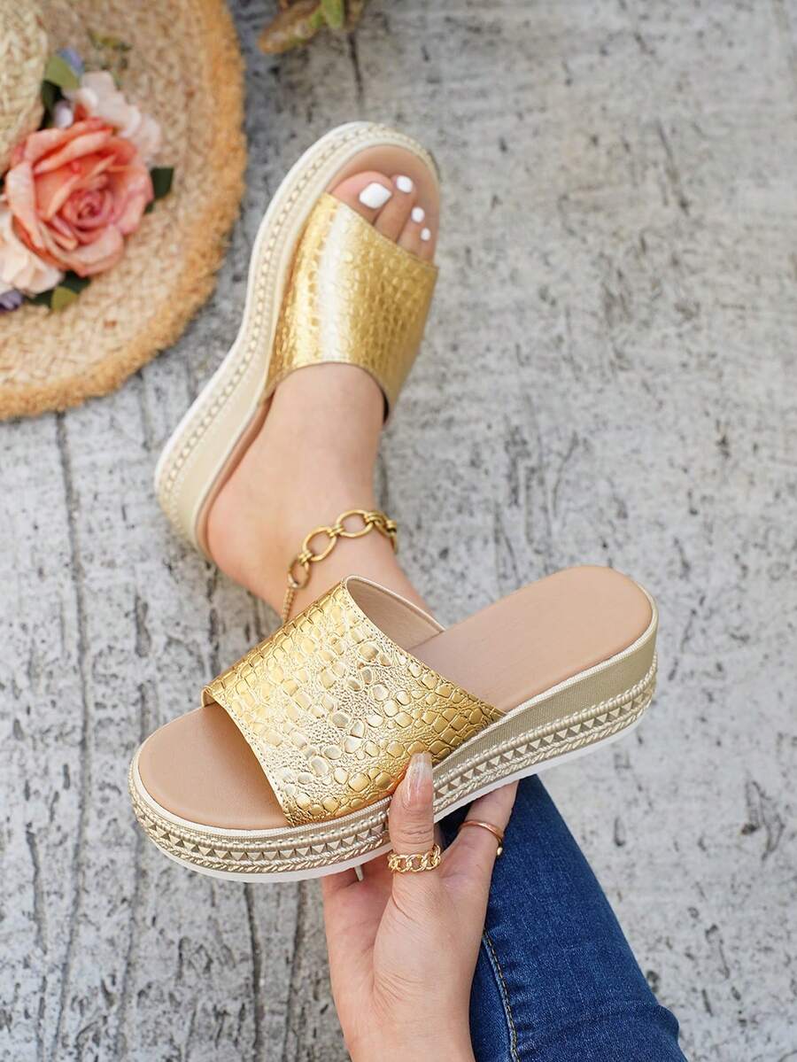 女士时尚百搭大码绑带坡跟厚底凉鞋 - 金色 - 查看 1