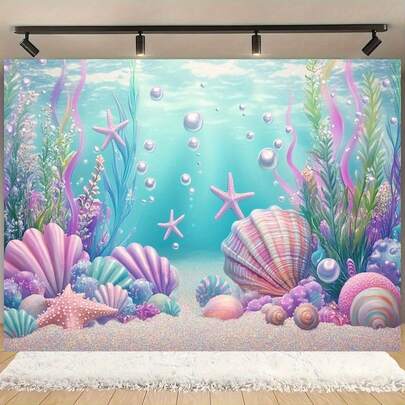 1 Tela de fondo de escena submarina de sirena - Concha rosa, estrella de mar, concha, decoración de fiesta submarina - Gran pancarta de tema de boda/cumpleaños fácil de colgar y limpiar, sin electricidad - Adecuado para pared fotográfica, mantel, decoración de pared - Combinación de colores azul marino, morado, rosa y verde, diseño soñador de materiales resistentes a las arrugas, decoración del hogar.