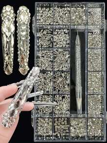 KIRAME 21 Compartments DIY Nail Art K9 Glass Transparent Flat Bottom Rhinestone Set - 30pcs High Gloss Rhinestones Per Style, Includes 1 Dotting Pen, Nail Gems, Suitable For Nail Salons, Home Manicure, Nail Supplies, Christmas, New Year, Valentine's Day Nails, Holiday Gifts, Also For Crafts, Clothing, Textiles, Shoes, Glassware, Jewelry Making - Multi-Size Sparkling Decorations - 白色 - 查看 1