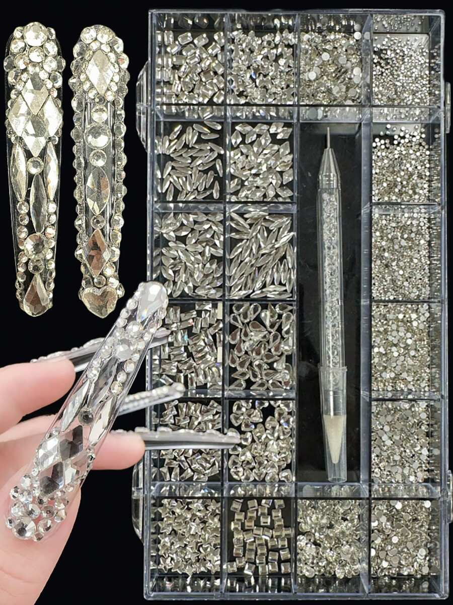 KIRAME 21 Compartments DIY Nail Art K9 Glass Transparent Flat Bottom Rhinestone Set - 30pcs High Gloss Rhinestones Per Style, Includes 1 Dotting Pen, Nail Gems, Suitable For Nail Salons, Home Manicure, Nail Supplies, Christmas, New Year, Valentine's Day Nails, Holiday Gifts, Also For Crafts, Clothing, Textiles, Shoes, Glassware, Jewelry Making - Multi-Size Sparkling Decorations - 白色 - 查看 1