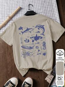 Women's Casual Whale & Shark Print 100% Cotton Short Sleeve T-Shirt, Summer - Grey - View 1