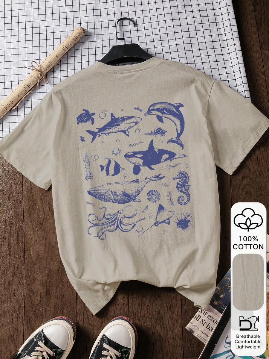 Women's Casual Whale & Shark Print 100% Cotton Short Sleeve T-Shirt, Summer - Grey - View 1