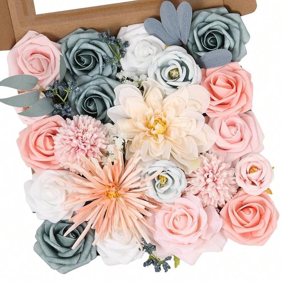 [Free Shipping]Artificial Flowers Combo Box Dusty Blue Pink Artificial Flowers For DIY Tables Centerpieces Ba By Shower Bridal Shower Wedding Bouquet Party Decor - PastelDaisy - 查看 1