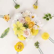 [Free Shipping]Artificial Flowers Combo Box Set Artificial Bouquets Wedding Flowers Faux Yellow Flowers Roses With Stems For Wedding Centerpieces Party Home Decor - 亮黃色 - 查看 3