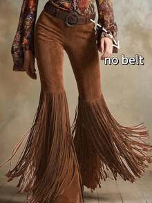 Women's Fringe Detail Flare Leg Pants Long Woven Fabric With Slight Stretch For Party Style - màu nâu - Xem 1