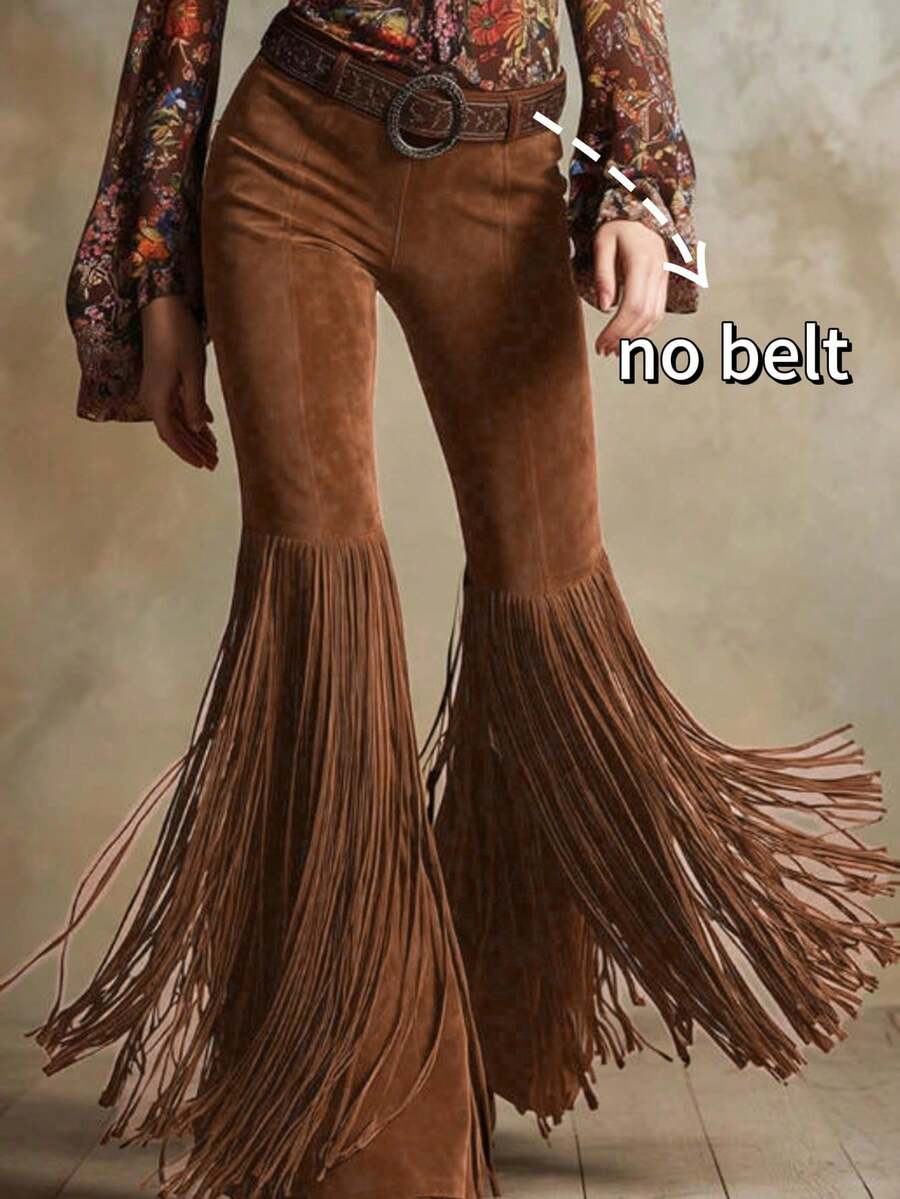 Women's Fringe Detail Flare Leg Pants Long Woven Fabric With Slight Stretch For Party Style - màu nâu - Xem 1