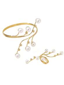 1 Set Of 2pcs Fashionable & Elegant Hollow Geometric Sparkling Faux Pearl Bracelet & Ring Jewelry Set For Women - Multicolor - View 4