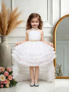 Baby Girls Sequin Mesh Backless Bow Cute 1st Birthday Trailing Dress, Suitable For Party, Flower Girl, Wedding, Does Not Include Headband - White - View 1