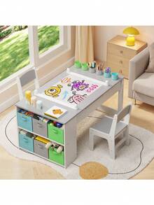 4-In-1 Kids Table And Chair Set With Removable Tabletop Storage And Paper Roll Dispenser, Toddler Craft Table With 6storage Boxes,For Drawing, Child Activity Table, Kids Table Set Painting ,Children's Day Gifts - 灰色 - 查看 12