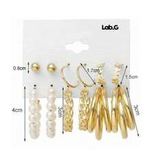 Aretes Set Arracadas Broquel Doradas Perla  Para Mujer 12p S2BC - Dorado - Ver 4