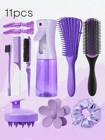 11pcs Hair Combs Set, Mist Spray Bottle(200ml), Detangling Comb, Nine-Row Curling Comb, Slick Back Brush, Teasing, Edge & Back Brushing, Scalp Massager Shampoo Brush, Flower Hair Clip, Brush Set For Hair Styling, Hair Brush, Comb, Hair Tools, Hair Products And Accessories For Barber Salon Beauty Back To School