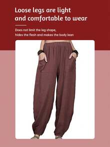 Women's Linen Bohemian Pants - Spring Summer Casual Loose High-Waisted Cargo Harem Pants For Beach Vacation Outfit - 黑色 - 查看 7