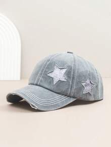 1pc Vintage American Letter Distressed Washed Denim Outdoor Street Tongue Cap, Unisex Versatile Sun Hat, Large Head Circumference Flattering Denim Baseball Cap For Women - Peaked Cap - View 16