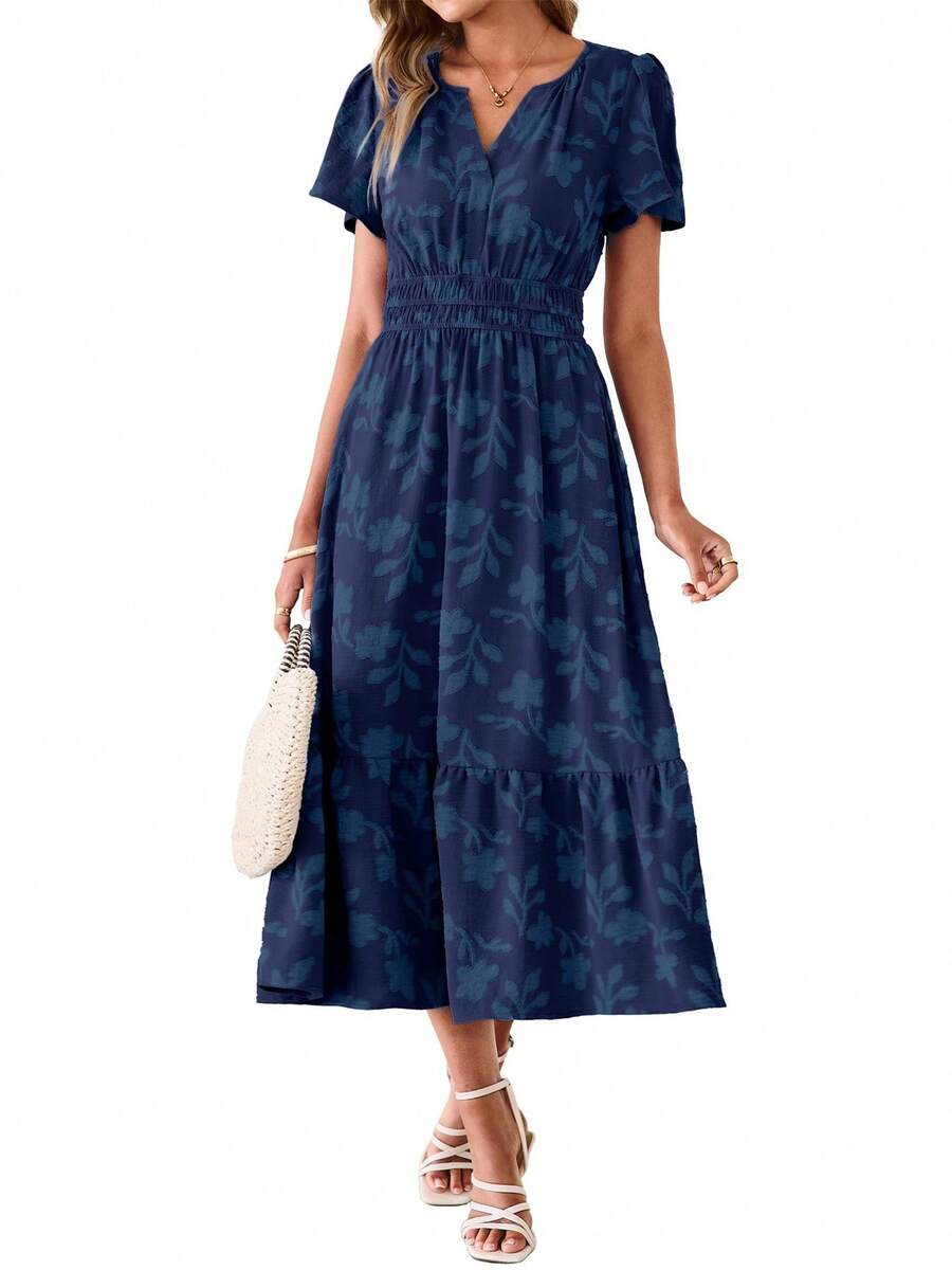 Womens Summer Boho Maxi Dress Semi Formal Wedding Guest Short Sleeve V Neck Empire Waist Floral Long Dresses - 藏蓝色 - 查看 1