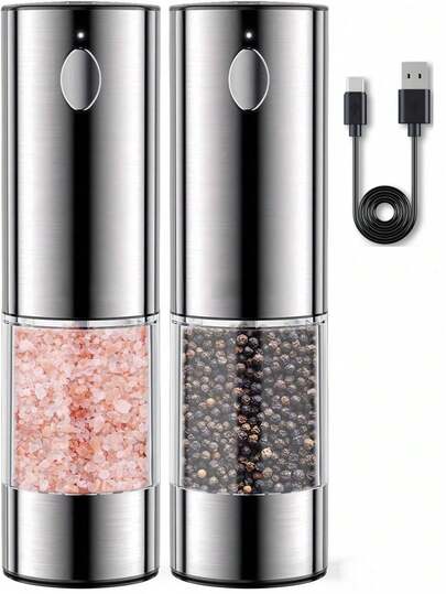 2件套电动盐和胡椒研磨器套装，USB充电，带暖色LED灯，研磨粗细可调，大容量自动盐和胡椒研磨器，适用于厨房、餐厅、户外使用