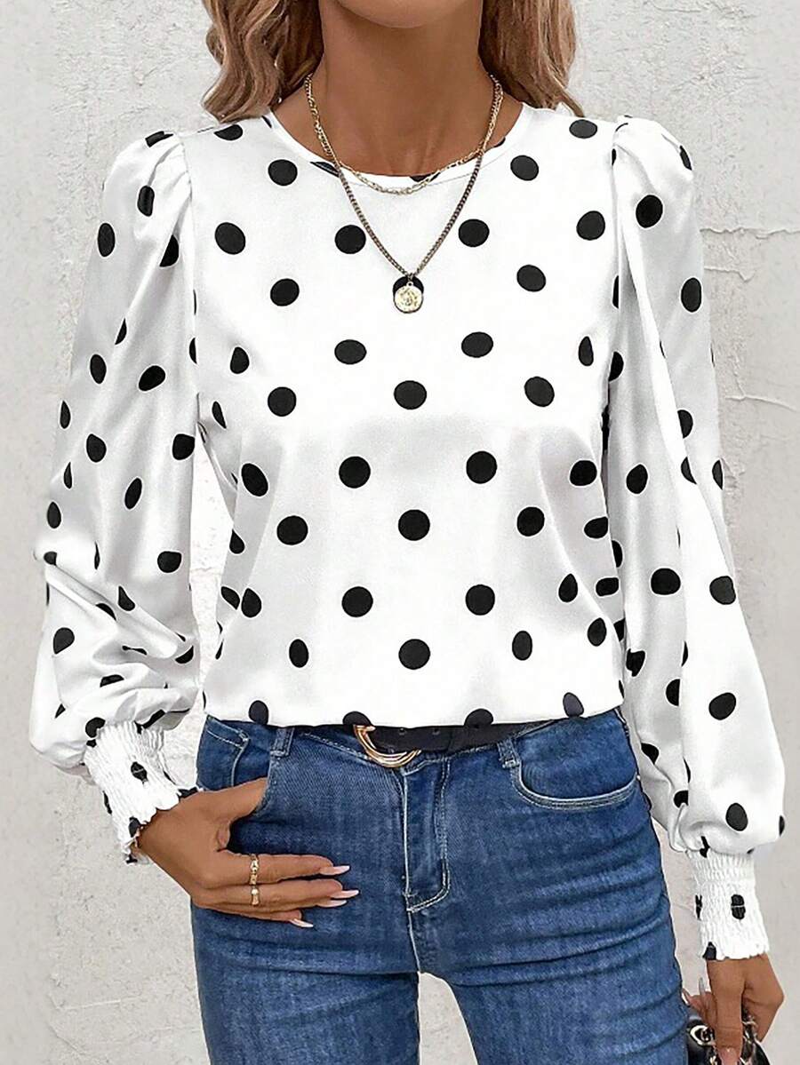 Acelitt Women's White Polka Dot Print Ruffle Cuff Casual Long Sleeve Shirt, Spring - White - View 1