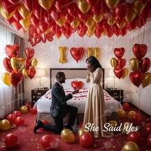 Valentine's Day Balloon Set, Red & Gold Romantic Balloon Set, Includes Polyester Film Balloons With Red Heart LOVE Design, Red Rose Petals For Hotel Decoration, Valentine's Day Party, Wedding Anniversary Supplies - Multicolor - View 3