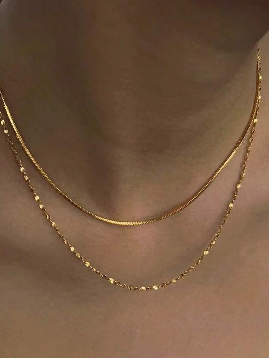 Set Perhiasan Stainless Steel 2 Buah, Kalung Rantai Stainless Steel Dua Lapis Warna Emas untuk Wanita, Kalung Choker Berlapis Tulang Ular - Yellow Gold - View 1