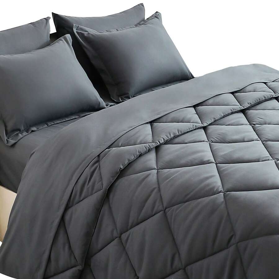 7pcs Full Queen King Black Dark Grey Green White Quilted Comforter Fitted Sheet Flat Sheet Mattress Protector Cover And Pillowcases Sets - 深灰色 - 查看 1