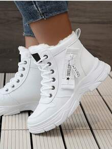 Fall/Winter Women's Fluffy Lining Solid Color Fur Trim Winter Warm Outdoor Ankle Boots, Heated Snow Boots. Fleece Boots Fall/Winter 2025 New Arrival Thermal Lined Fashionable Anti-Slip Women's Mid-Calf Boots,Fur Boots New Autumn/Winter Women Boots, Fashion Versatile Casual Boots, Side Zipper Women Ankle Boots, Lace-Up Women Shoes, Warm Winter Women Boots, Flat Comfortable Women Boots, Chelsea Women Ankle Boots - 白色 - 查看 5