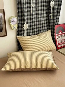 4pcs Simple Striped Bedding Set (1 Duvet Cover, 2 Pillowcases, 1 Bed Sheet), Cute Striped Pattern Cozy Style Duvet Cover, No Filling, Bedding Set Suitable For Home, Bedroom, Dormitory Decor - Yellow Stripes - View 4