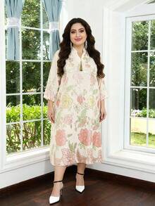 Große Größen buntes besticktes Kleid im arabischen Stil, elegant, JALABIA-Ausschnitt mit goldenem Quaste, 3/4-Arm Kleid in Pink, modisch kreativ, neuer Stil 2026, traditionell für Ramadan - Pink - Übersicht 6