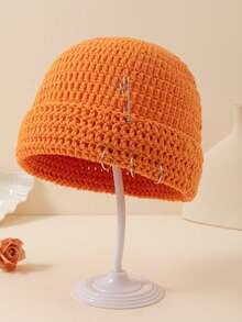 1 peça Unissex de Crochê Feito à Mão, Cor Sólida, Broche Removível, Gorro de Tricô Vazado, Estilo Urbano Moderno, Gorro de Inverno Quente - Multicolorido - Ver 7