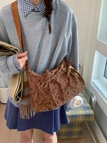 时尚蝴蝶结印花女士单肩包，休闲百搭单肩包，配有蝴蝶结抽绳，多口袋轻便可折叠拉链封口，可调节长肩带，适合日常使用、学生/大学生，简约可爱褶皱条纹前袋布包 - 彩色 - 查看 3