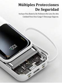 Mini Cargador Portátil Rápido de 20000Mah 5V2A, Cargador de Teléfono Multifuncional de Alta Capacidad, Cable Desmontable 4 en 1, Luces LED Ultra Brillantes, Batería Esencial para Viajes, Pantalla Inteligente Digital, USB-C - Blanco - Ver 8