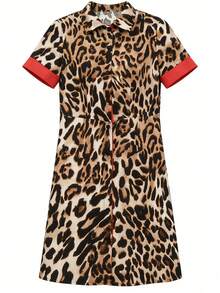 Women's Single-Breasted Contrast Color Patchwork Leopard Print Short Sleeve Shirt Dress - Red - View 1