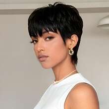 Short Wigs For Black Women Human Hair 1B Pixie Cut Wig For , Black Short Human Hair Wig For Daily Use 150% Density None Lace Frontal Full Machine Made Wig Glueless Pixie Wigs Brazilian Real Human Hair Layered Short Wigs With Bangs - Natural Black - View 5