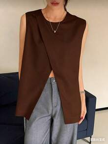 Sleeveless Vest Blouse With Asymmetrical Cut. - Cà phê nâu - Xem 1