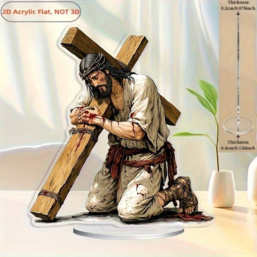 1 chiếc thánh giá Chúa Giê-su 2D phẳng bằng acrylic để bàn, có đế - Thiết kế quần áo dính máu, thích hợp trang trí nhà cửa, văn phòng, nhà thờ trong nhà/ngoài trời theo chủ đề tôn giáo - Món quà Phục Sinh và Kitô giáo hoàn hảo cho bạn bè và gia đình - Nhiều màu - Xem 1