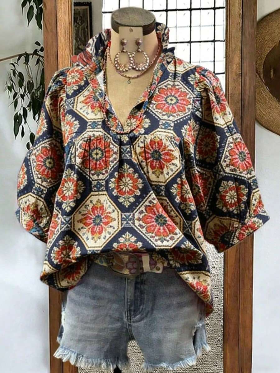 Women's Casual Plaid & Floral Print Short Sleeve V-Neck Loose Blouse, Spring/Summer Vacation - Royal Blue - View 1