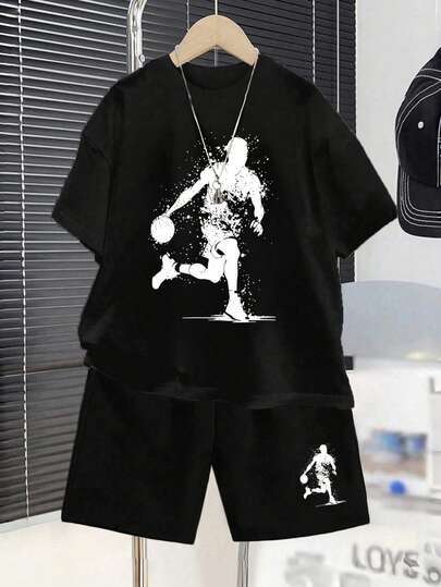 2pcs/Set Young Boy Graphic Print Round Neck Short Sleeve T-Shirt And Shorts Casual Outfit