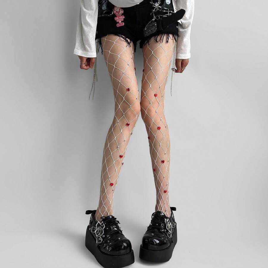 Sexy Fishnet Stockings For Women, Thin Mesh Pantyhose With Heart Rhinestone Decor, White Hollow Grid Tights, Summer - White - View 1